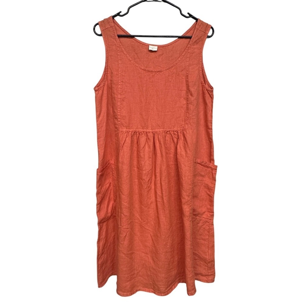 Poetry Coral Orange 100% Linen Sleeveless Pocket Shift Dress US 8 UK 12 NWOT
